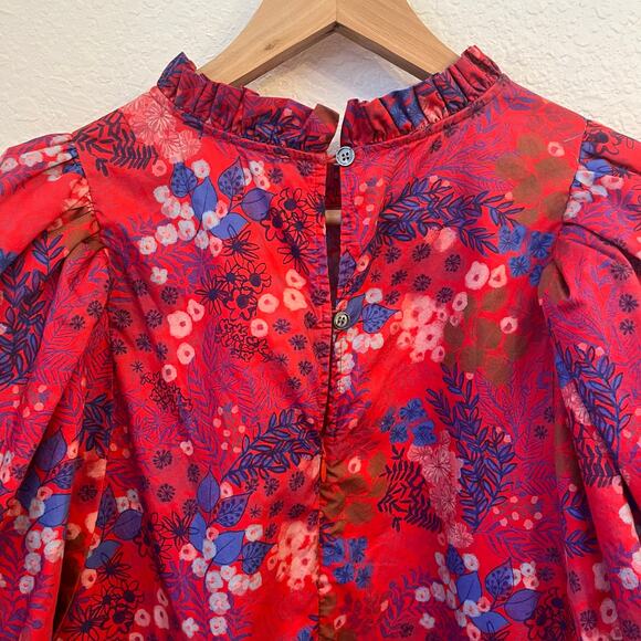 Tyler Boe Sammy Dress Large Red Wild Flowers Puff Sleeve Tiered Cottage Modest - Picture 7 of 14